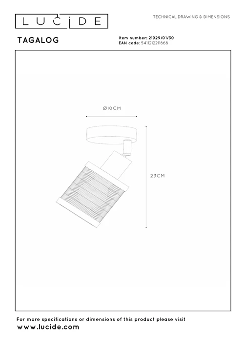 Lucide TAGALOG - Plafondspot - Ø 10 cm - 1xE27 - Zwart - technisch